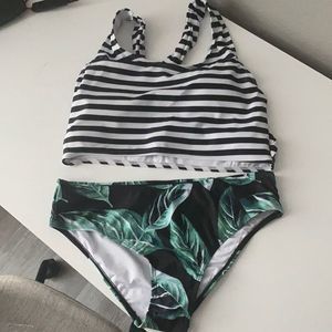 Striped plant print coord bikini set